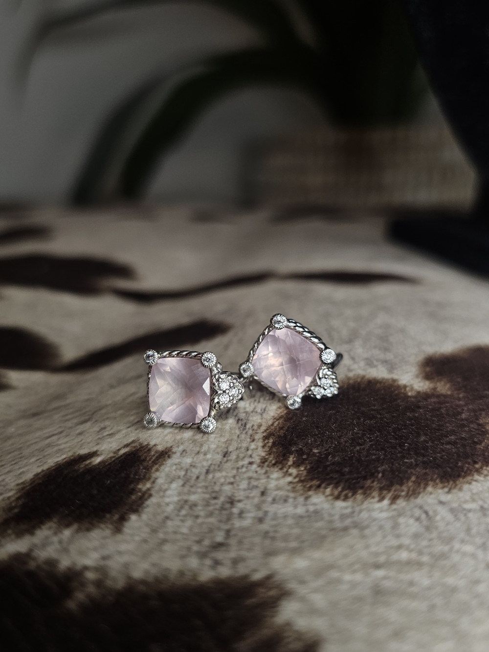 Judith Ripka Rose Quartz and Sterling Silver Cushion Stud Earrings